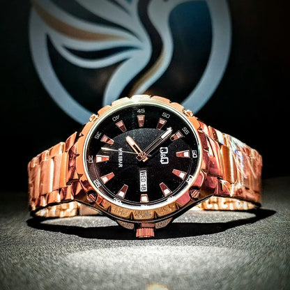 Reloj QyQ Caballero oro rosa y negro en Acero inoxidable con calendario de día y fecha - Emma Home Store